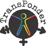 TransPonder logo with a silhouette of a trans symbol and a rainbow stick person in the middle.