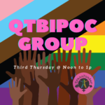 New Pride Flag background with puffy pink text and a group of Black and Brown hands raised with palms open