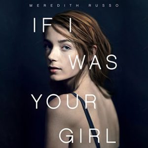 “If I Was Your Girl” audiobook cover: dark background with a teen girl with red hair in a spaghetti strap top, looking over her shoulder.