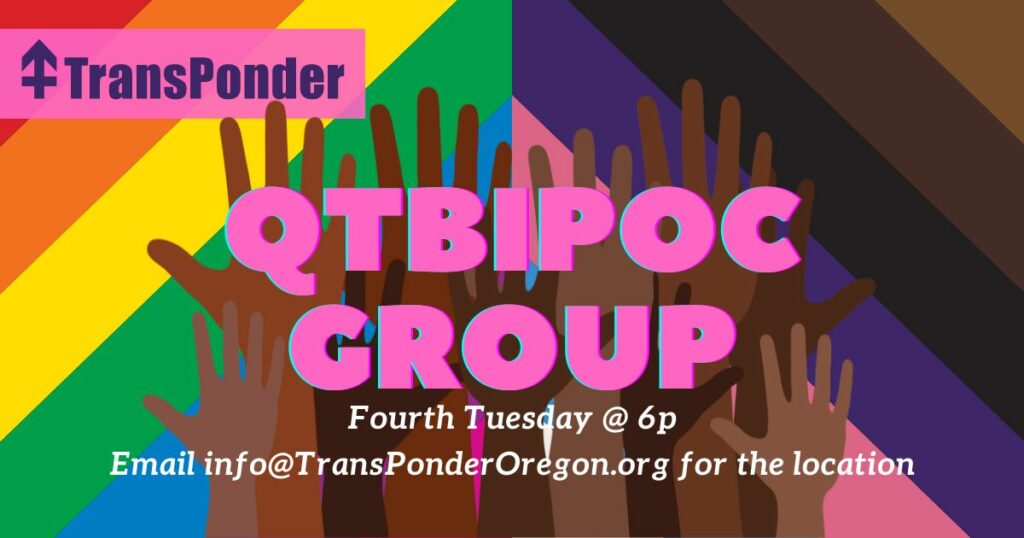 Pride Flag background with puffy pink text and a group of Black and Brown hands raised with palms open.