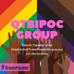 Pride Flag background with puffy pink text and a group of Black and Brown hands raised with palms open.