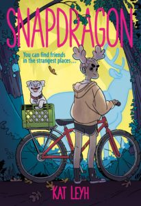 graphic novel of Snapdragon with a person with a bike with fluffy pigtails and a dog in a basket