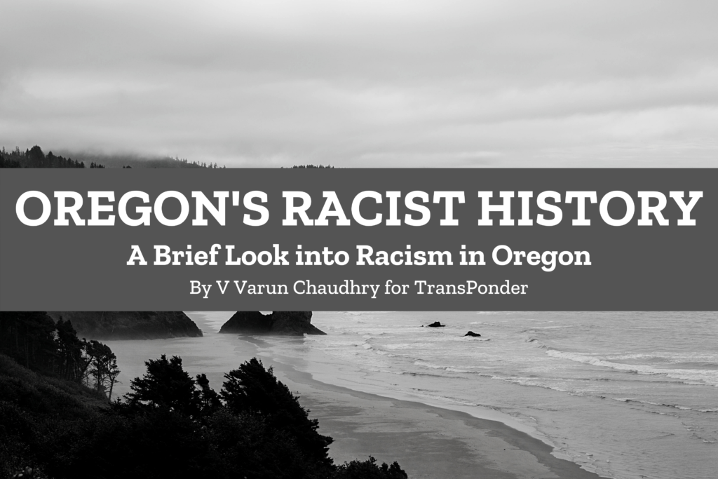 black and white of the oregon coast with campaign logo