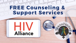 phone, keyboard, and stethoscope with HIV Alliance and TransPonder logos