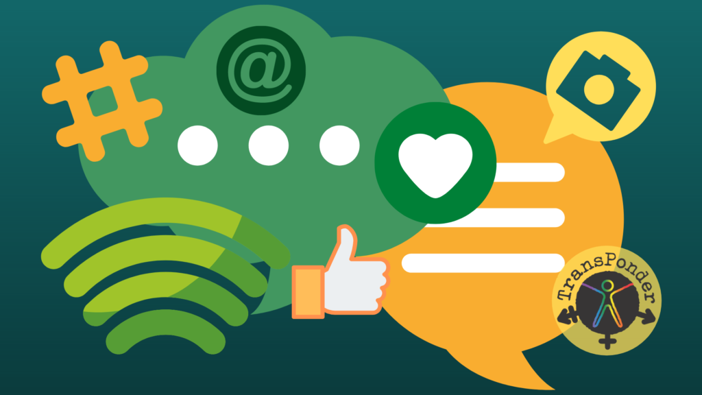 Green gradient background with social media icons: a thumb up, heart, RSS feed, plus, camera, chat box, hashtag, and an at sign.