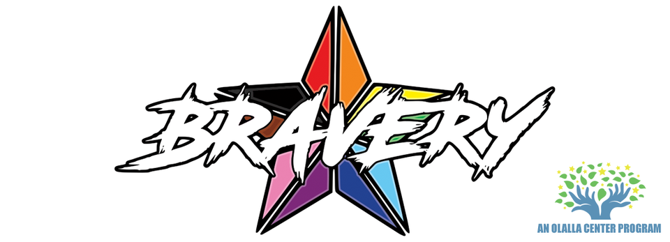 white background with a rainbow colored star. 'bravery' is in white jagged text in the foreground