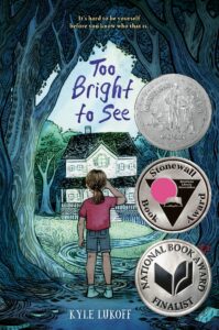 Too Bright to See book cover: illustrated youth looking at a white house, with trees in the background