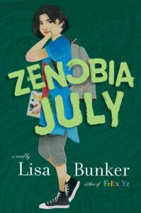 book cover of Zenobia July. Green background with person with a blue shirt, long black hair, and a backpack.
