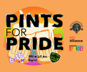 orange background with a circle in rainbow colors. Two pints of frothing beer clink together.