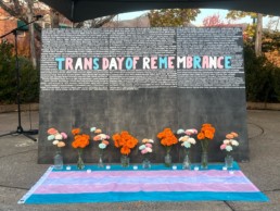 marigolds in front of an altar. 'trans day of remembrance' is in trans pride flag colors with the names of those were lost.