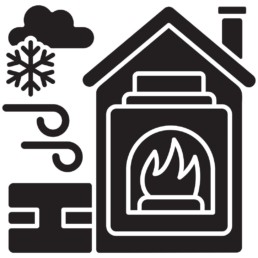 icon of a house with a fire, with wind and cold outside