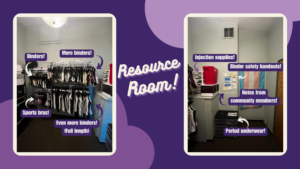 photos of our resource room, a room with shelves, drawers, and racks full of gender-affirming products. The images are lain over a purple background and purple labels point out the location of our products in the room.