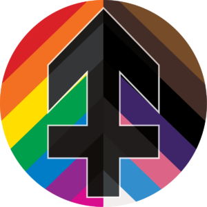 TransPonder logo: pride flag background with a piece of the trans symbol in black
