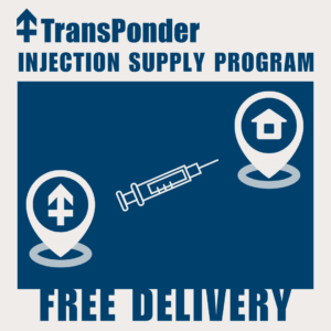dark blue background with a white border. A syringe icon sits in the center. At the corners are two map icons, one with TransPonder's icon and one with a house icon. "FREE DELIVERY" is at the bottom.