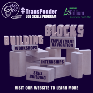 Purple background. Light purple brick blocks are stacked in the center, with light purple text over them: Building Blocks. Dark purple lettering is written on some of the blocks: workshops, employment navigation, internships, skill building. White text at the bottom reads, "Visit our website to learn more"
