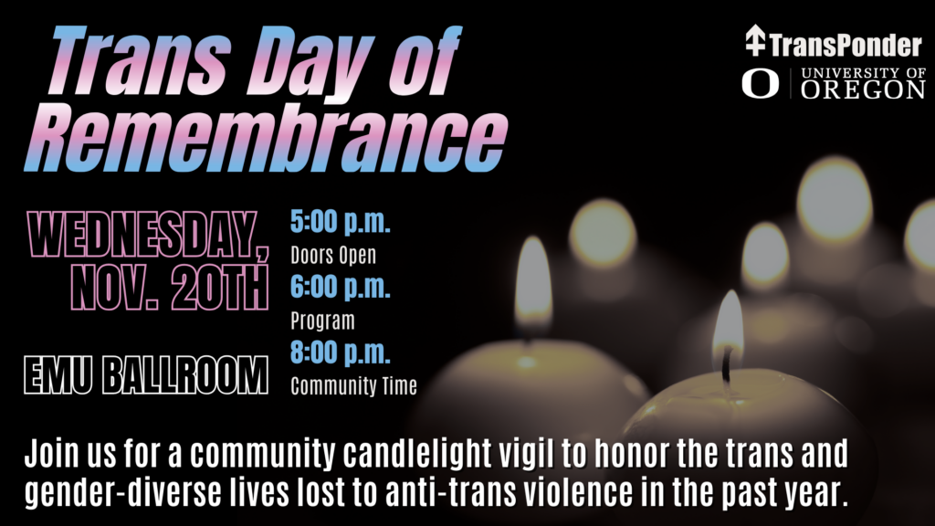 Alt ID: Burning candles on a black background with the words Trans Day of Remembrance overlayed with the trans flag. Wednesday, Nov. 20th, 6-8 PM, E M U Ballroom.