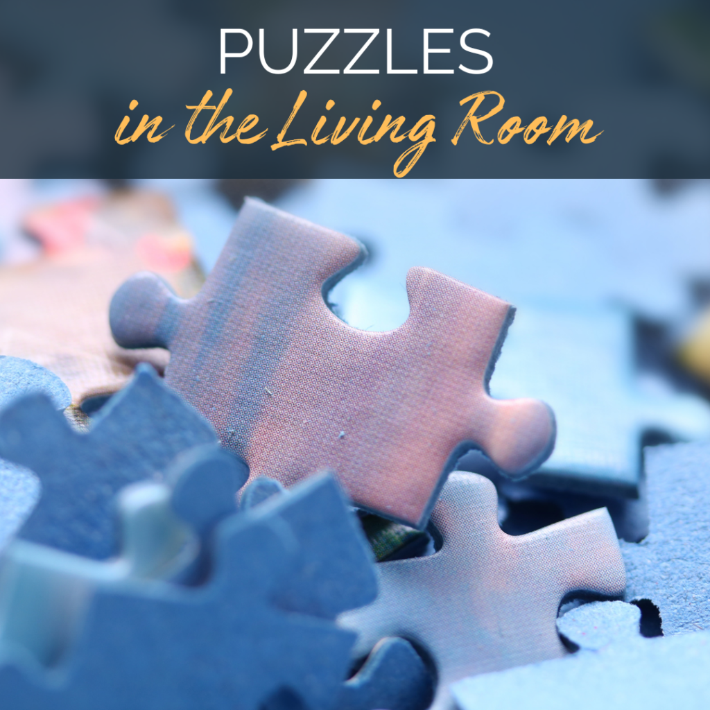 Image of puzzle pieces in a pile. Text reads: Puzzles in the Living Room