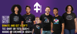 Six people with custom black tee shirts on a purple background. Text reads Donate and get a gift! Tee shirt or tote $20+, Hoodie or crewneck $50+