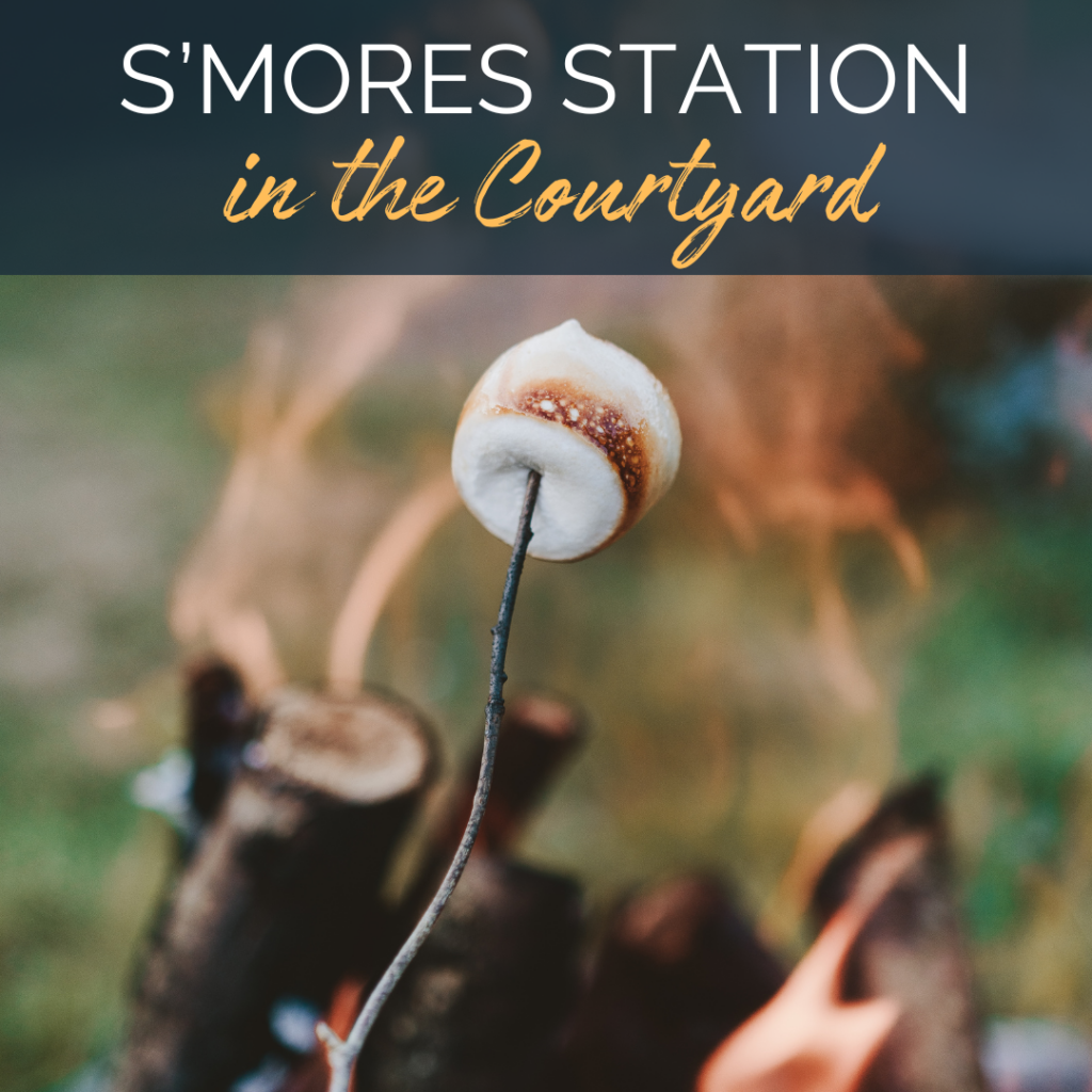 Image of a marshmallow roasting over a fire. Text reads: S'mores Station in the Courtyard