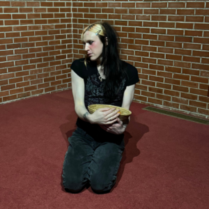 The background is a burgundy carpet with brick walls. Nova is wearing a black T-shirt, has long hair, and is holding a basket.