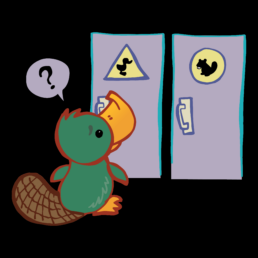 Platypus looking at two bathroom doors, one with a duck sign and one with a beaver sign