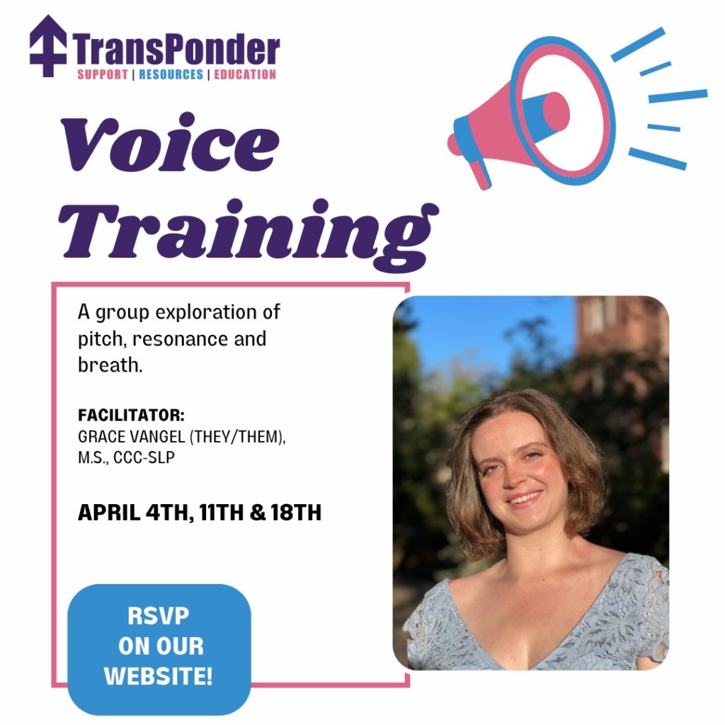 Pink, blue, white and purple advertisement for a voice training workshop with a photo of facilitator Grace Vangel (they/them) M.S., CCC-SLP. Features dates: April 4th, 11th, and 18th. RSVP on our website.